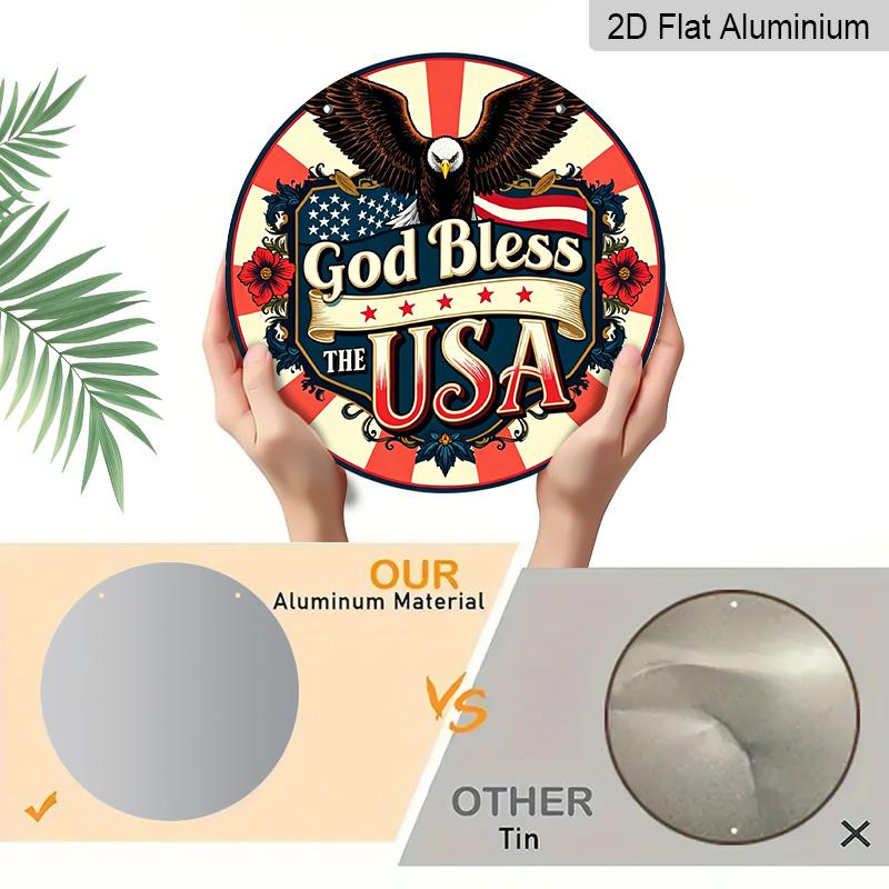 2D Flat, God Bless America Patriotic Metal Sign, Round Aluminum Wall Decor with American Flag Floral Design, Perfect for Independence Day, Veterans