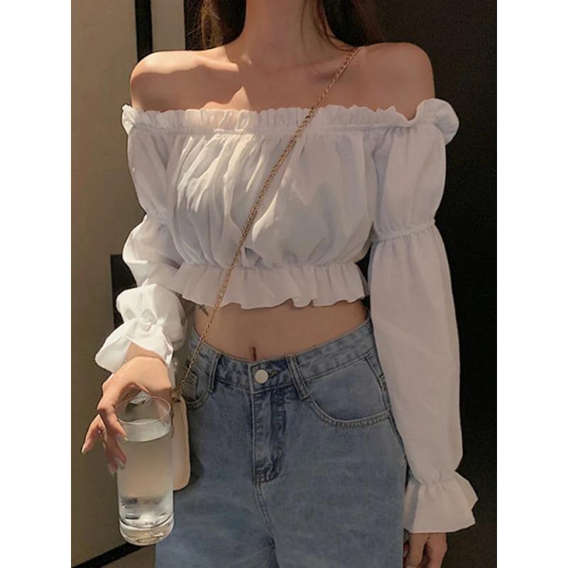 Women Top Sexy Blouse Off Shoulder Top Long Sleeve Solid Color White Shirt Puff Sleeve Ruffle Tunic Crop Top Summer Tube Top