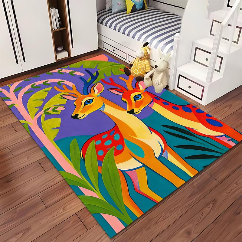 Colorful Deer Pattern Carpet with Tropical Leaves Design Suitable for use as an anti-slip for living room bedroom sofas