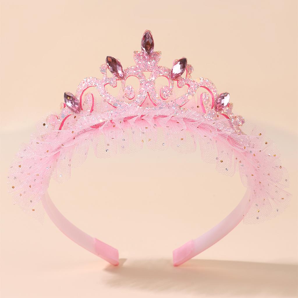 Cute Girls Glitter Princess Tiara Headband with Lace Tulle Rhinestone Crown Hair Hoop Kids Birthday Party Gift Hair Acces