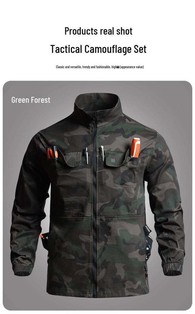 Men's Camouflage Workwear Set: Elastic, Anti-Scald, Wear-Resistant for Spring/Autumn - Ideal for Auto Repair & Welding.