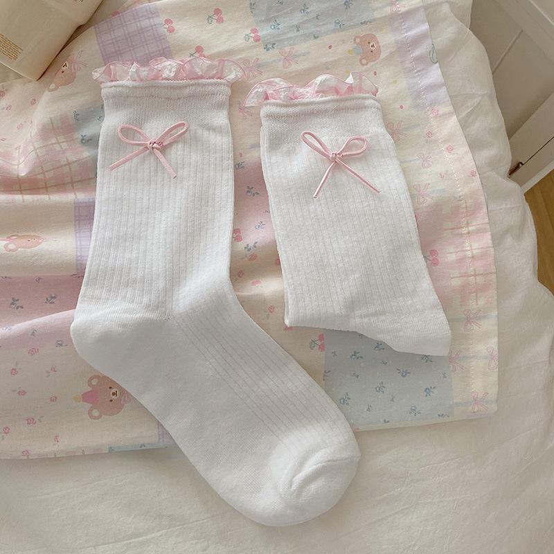 

Sweet Checkered Lace Mid-calf Socks for Girls, Thin Summer Style, Cute Girls, Bow Pile Socks, Long Socks 1 pair бежевий