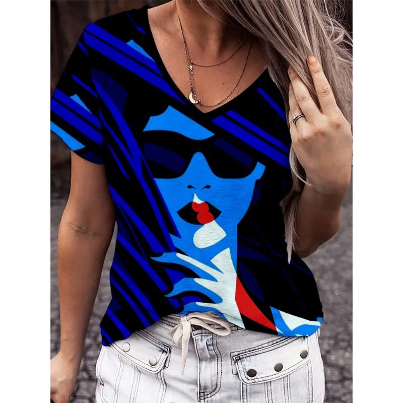 Cartoon Ladies V-neck T-shirt Summer Outdoor Casual Short Sleeve Tops 3D Character Printing