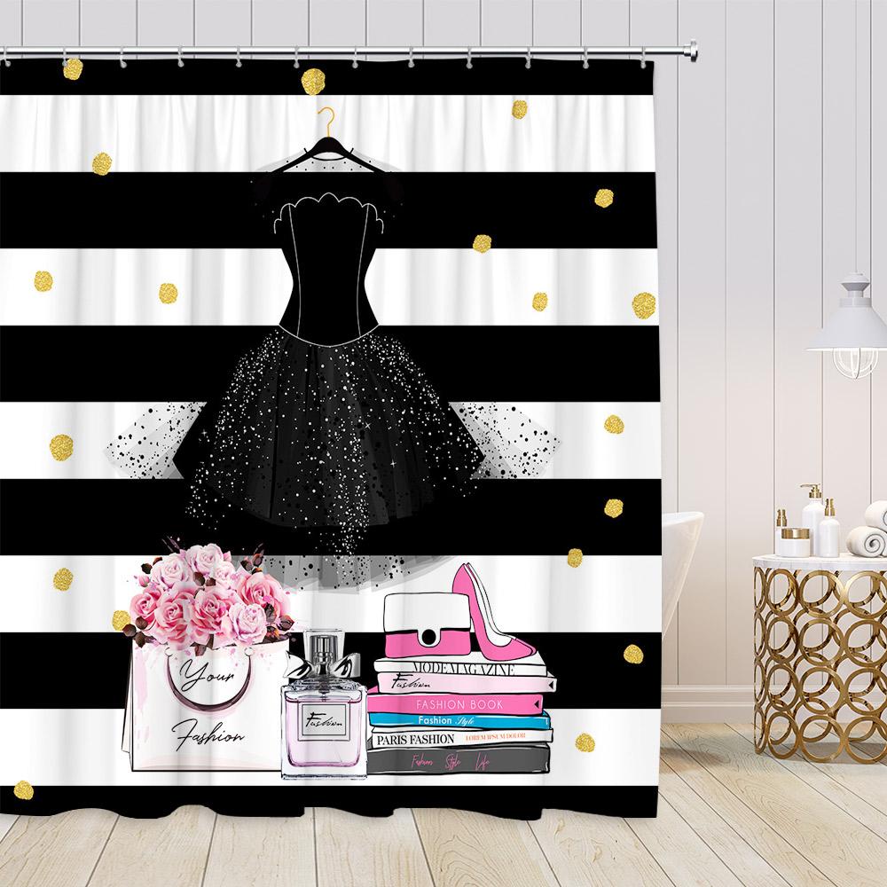 Pink Perfume Shower Curtains Cosmetics High Heels Flowers Black White Stripes Bathroom Decor Girl Fashion Vintage Bath Curtain