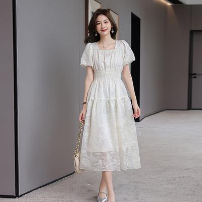 Embroidered Square Collar White Dress Women's Summer New Design Feeling Waist Thin Sweet Dress
