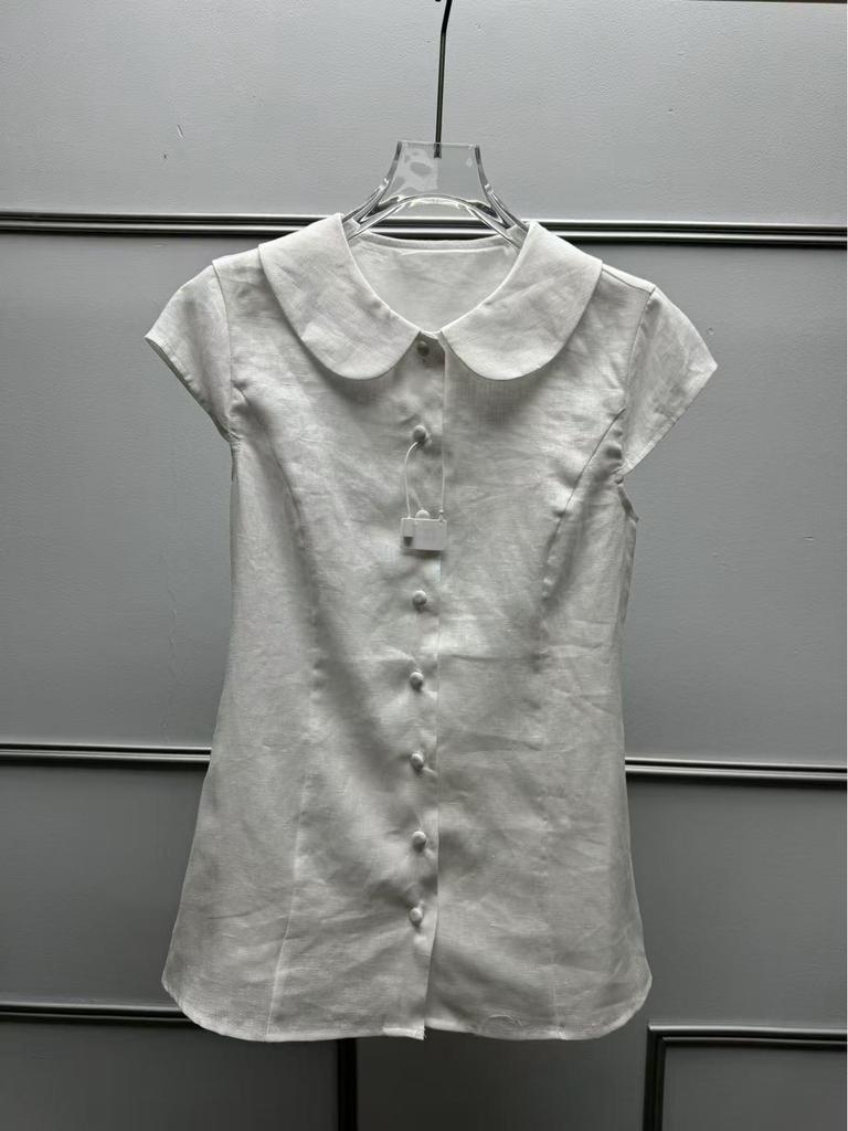 French Minimalist Linen Short-Sleeve Shirt with Elegant Doll Collar