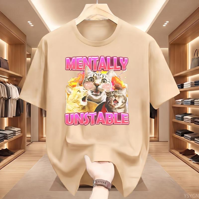 Mentally Cat Meme Aesthetic T Shirts Mens Women Vintage O-Neck Tshirt Short Sleeve Oversized Tshirts