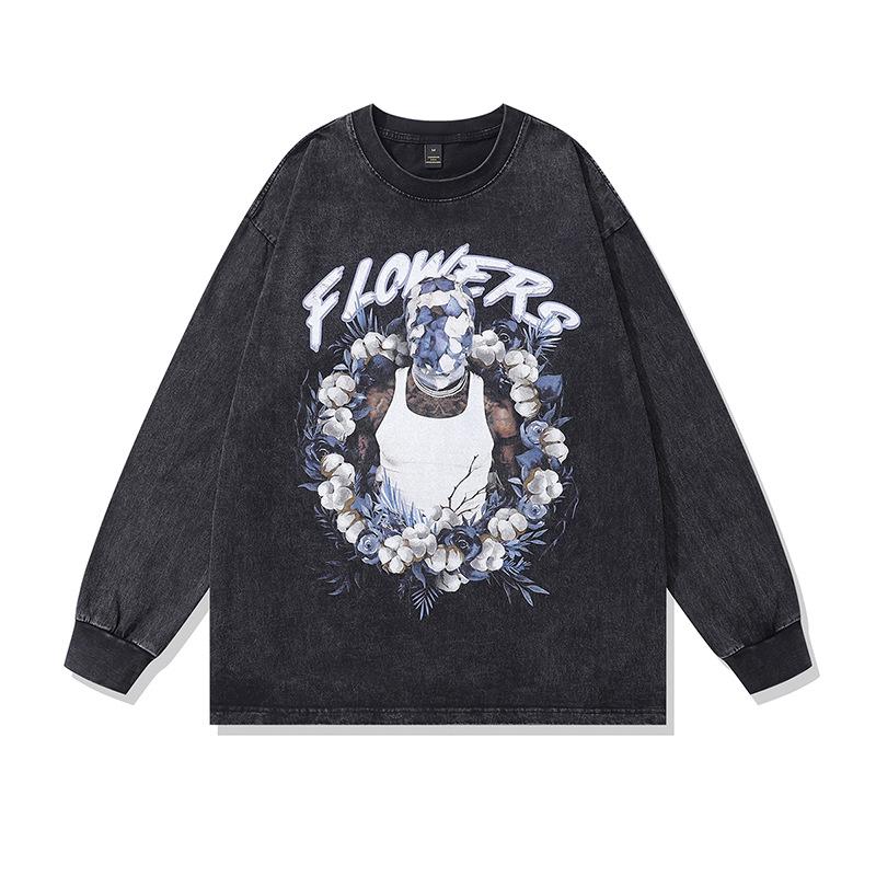 American Hiphop Street Tide Brand Spoof Cat Print Casual Ins Couple Washed Long Sleeve T-Shirt Men And Women