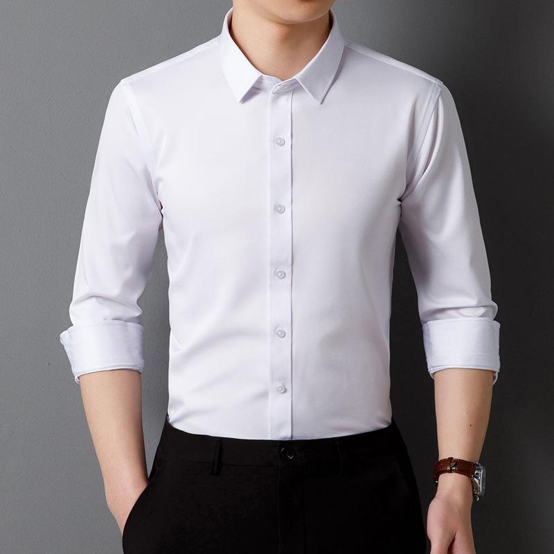Men's 2025 Non-Iron Plus Size White Korean Style Business Casual Slim Fit Long Sleeve Shirt