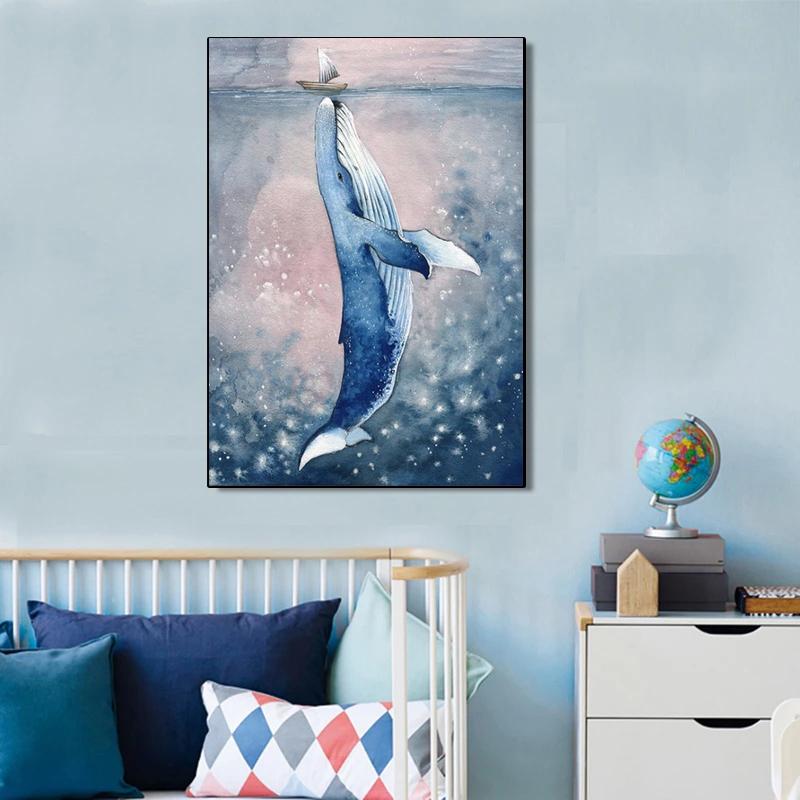 Healing Big Whale Kisses Little Ship Canvas Paintings Posters and Prints Wall Art Picture for Kids Room Wall Home Decor