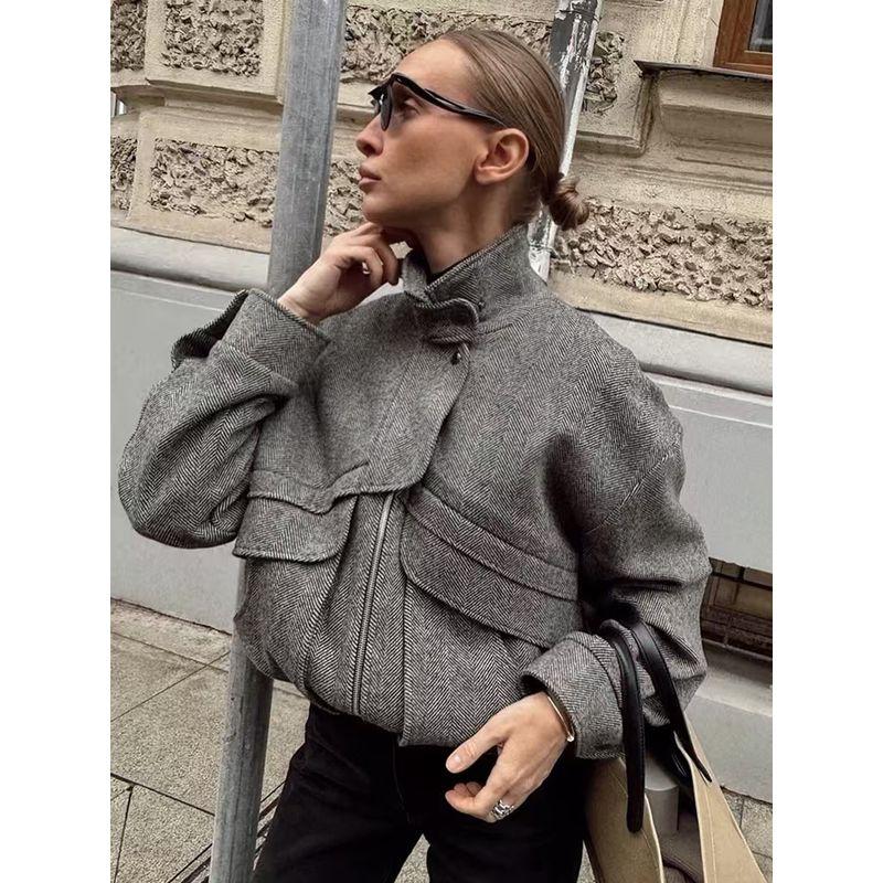 

Мода Новое поступление Куртка в елочку со стойкой воротником Осень и Зима Молния с карманом Топы Мешковатое пальто Куртка на молнии Black S