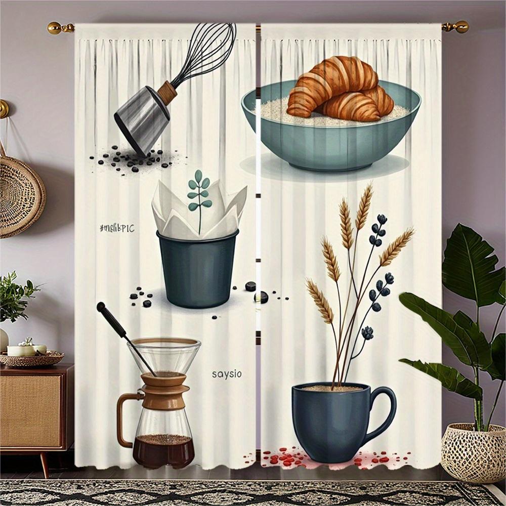 

2Pcs Elegant Floral And Coffee-Themed Curtains - Semi-Transparent Polyester, Rod Pocket Design, Machine Washable, Perfect For Li 53x116cm 2pc21x46in&Without mount