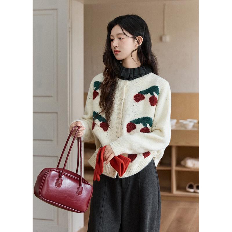 Women s Cherry Jacquard Knit Cardigan One Size