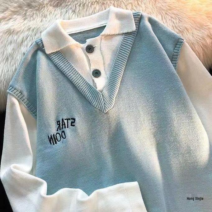 Unisex Fake Two-Piece Sweater: Niche Couple's Lazy Style, Knitted Winter Top.