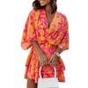 V-Neck Batwing Sleeve Layer Ruffle Hem Holiday Dress Summer Casual Waist Drawstring Coconut Leaves Print Mini Dress Female Clothes