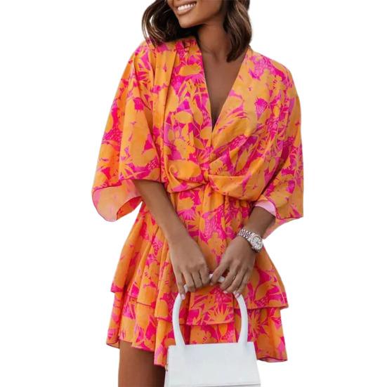 V-Neck Batwing Sleeve Layer Ruffle Hem Holiday Dress Summer Casual Waist Drawstring Coconut Leaves Print Mini Dress Female Clothes