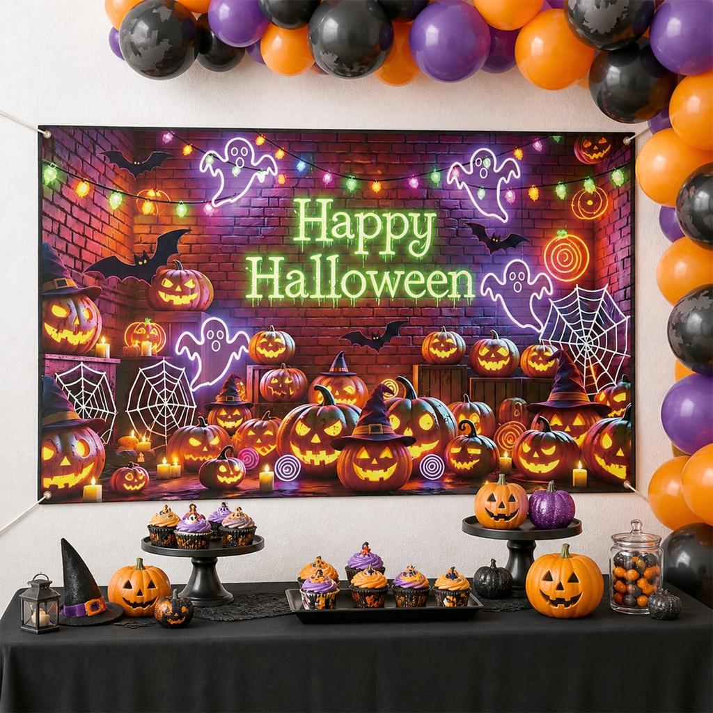 Happy Halloween Banner, 71 x 43 Inch Neon Ghost 71x43 Inch, Multicolor
