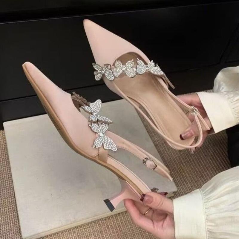 Fashion Rhinestone Butterfly Stiletto Pointed Toe Sandals Autumn New Baotou Shallow Mouth One Strap Non-slip High Heels
