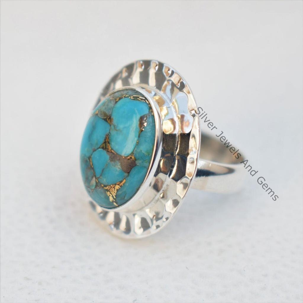 Blue Copper Turquoise Ring, Hammered Design Ring, Turquoise Ring, 925 Sterling Silver Oval Ring, December Birthstone, Gift for Sister