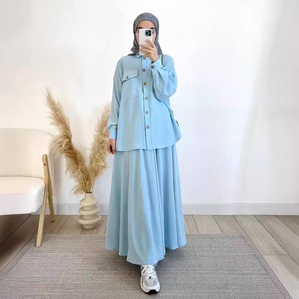 Spring 2024 Women's Muslim Wear: Loose Long-Sleeve Shirt & Midi Skirt Set