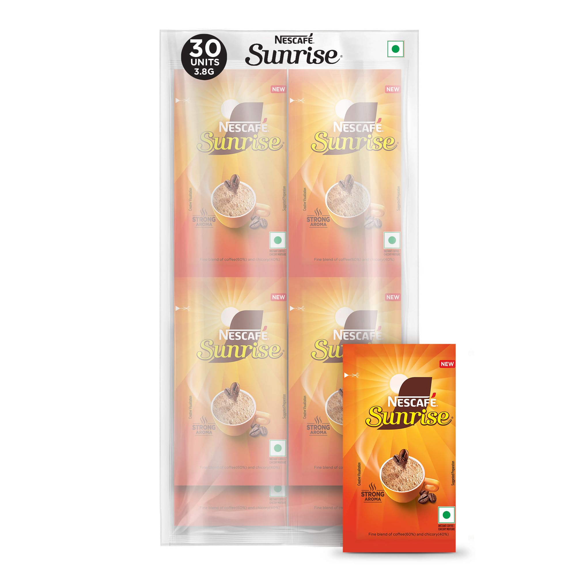 Растворимый кофе Sunrise от Nescafé | Сильный аромат для идеального начала дня | Смесь кофе и цикория | Упаковка 30 пакетиков, по 3,8 г каждый, 114 г