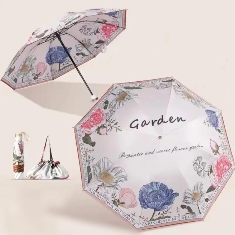 UPF50+ Folding Umbrella Double Layer Sun Rain Umbrella With Storage Bag UV Protection Vinyl coating Parasol Sun Shade Umbrella