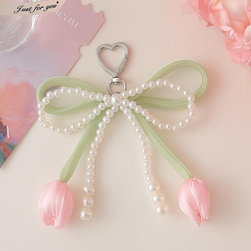 Yogodlns 1PC Elegant Exquisite Bow Pearl Simulation Tulip Fabric Bag Pendant Sweet Personalized Style Handbag Pendant