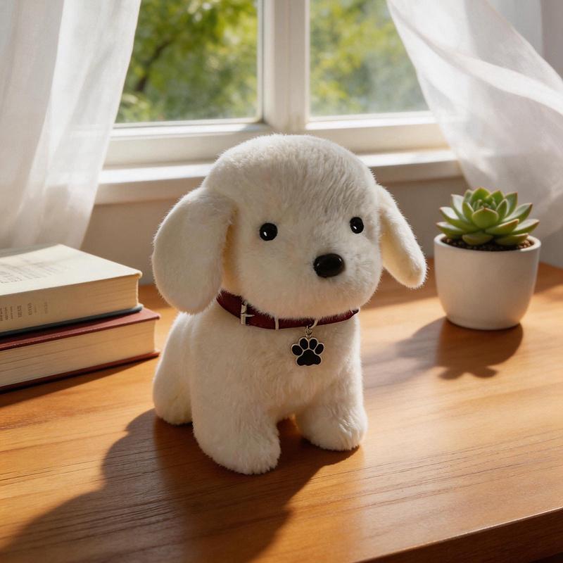 Cute Pet Puppy Plush Toys Delicate Handmade Sitting Pose Dog Doll Wearing Collar Lively Desktop Decor Warm Animal Throw Pillow