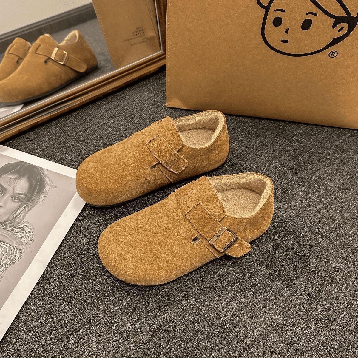 Мягкая кожаная сумка-голова Birkenstocks женская ворсистая полутапочки для улицы 2025 новая осенне-зимняя бархатная на плоской подошве хлопковые тапочки для беременных 35