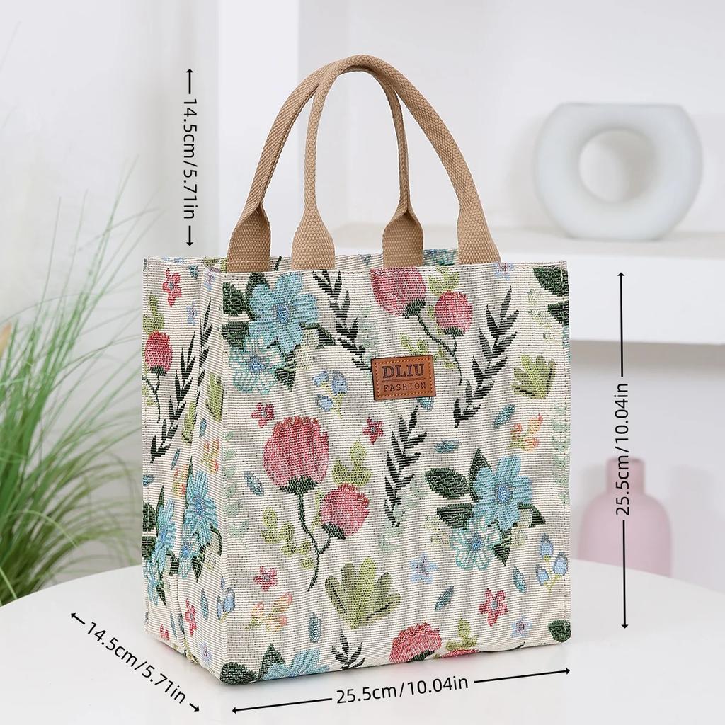 Aesthetic Floral Print Lunch Bag Insulated Large Capacity Lunch Bag Thermal Cooler Handbag for School Work Travel Picnic Gift