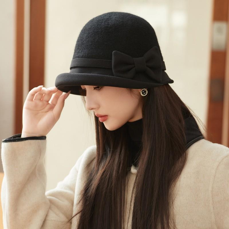 Bow autumn and winter hat women's big head circumference shows small face temperament bucket hat retro versatile basin hat