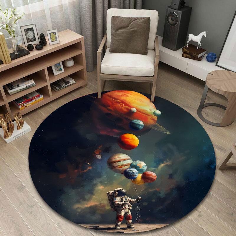 Astronaut in Space with Planets Round Area Rug, Galaxy Adventure Theme