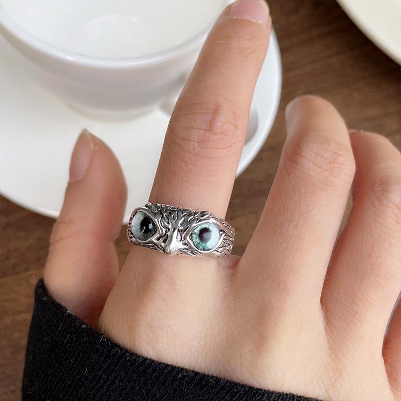 Cute Retro Thai Silver Cat Rings Fashion Cat Owl Eye Opening Adjustable Ring for Women Men Trendy Statement  Accessories