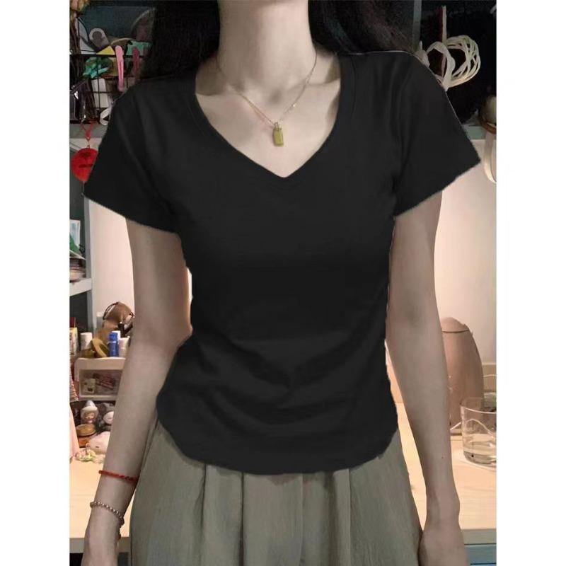 American Slim-fit Short-sleeved Inner with New Round Neck Front Shoulder Hong Kong Flavor Top Design Sense-shirt Women