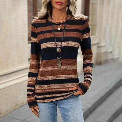 Women's T Shirt Autumn Long Sleeve Pullover Stripe Print Female Oversized Clothing Street Casual O Neck Cotton T-shirts Tops