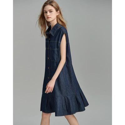 Demana Women's Summer Lapel Loose 100% Cotton Pleated A-line Denim Dress