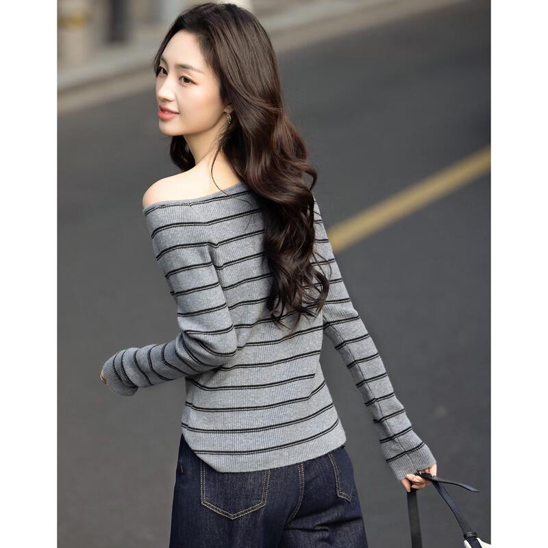 Women s Retro Striped Slanted Collar Knit Sweater M