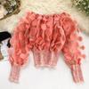 Women Tops Off Shoulder Puff Long Sleeve Elastic Waist Short Tops Perspective Mesh Yarn Casual Tops Party Daily Wear