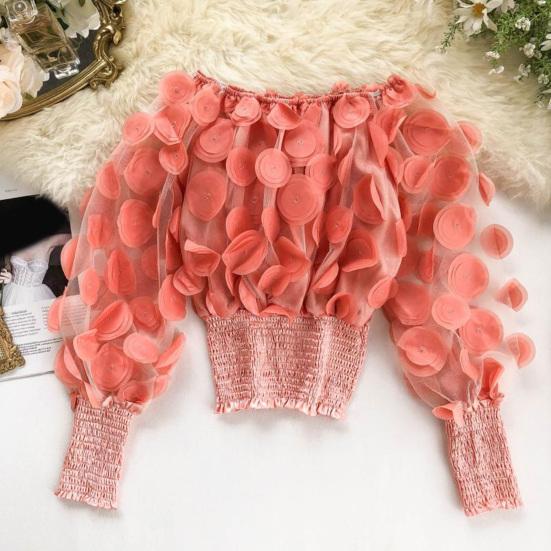 Women Tops Off Shoulder Puff Long Sleeve Elastic Waist Short Tops Perspective Mesh Yarn Casual Tops Party Daily Wear
