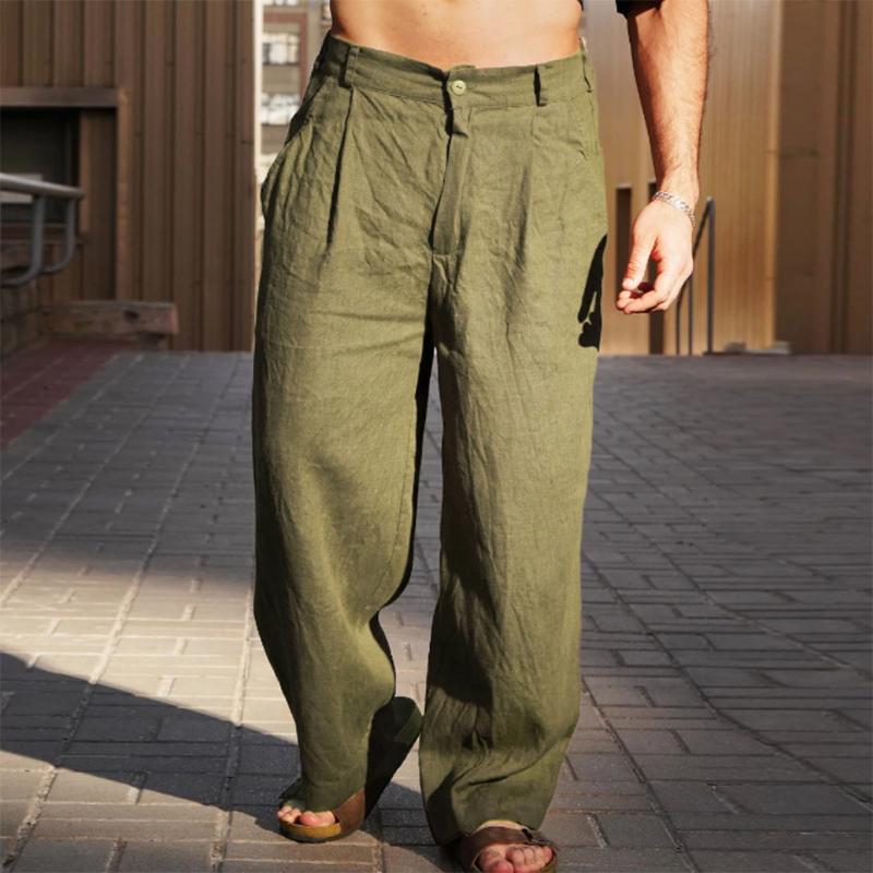Pantaloni larghi dritti da uomo, casual, autunnali, larghi, tinta unita, in cotone e lino, vintage, a vita media
