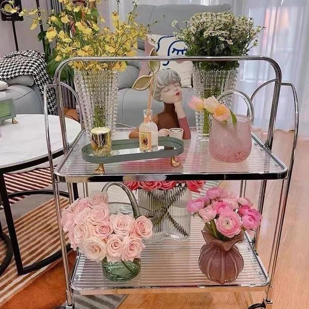 Storage Rolling Cart 2 Tier Glass Utility Organization Mobile Shelving for Bedroom Living Room