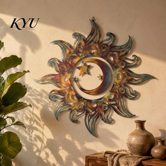 Wall Sculptures for Dining Room Metal Sun Moon Star Art, Hollow Cutout Iron Hanging Decor, Contemporary Home Accents Rustic Sculpture Living