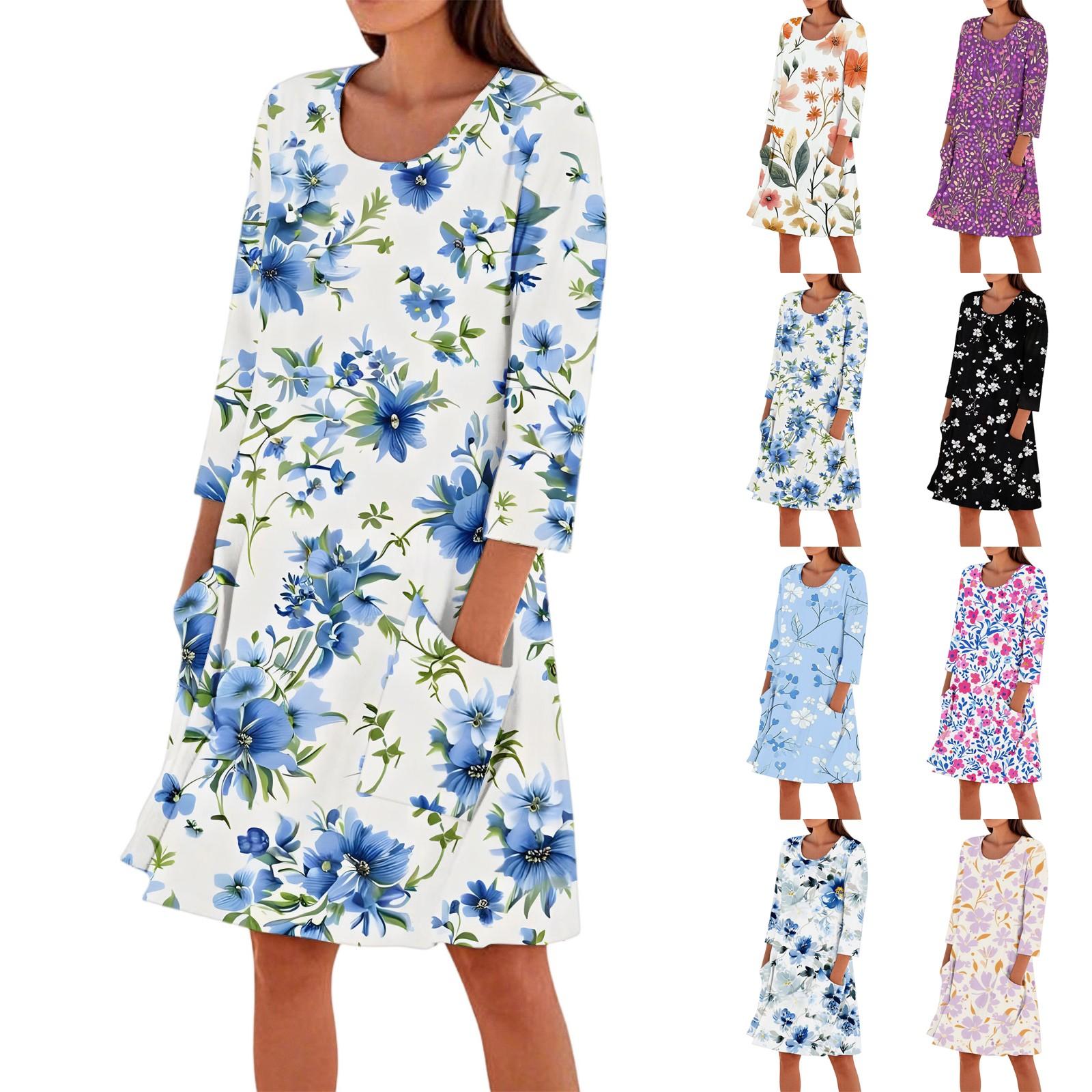 

Women s Fashion Casual Round Neck Three-quarter Sleeve Dress XXL