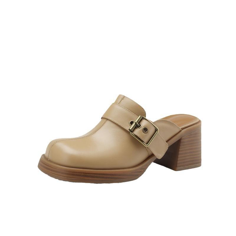 Retro Outer Wear Thick-soled Bag Head Half Slippers Women's Belt Buckle Lazy Sandals Thick Heel Non-slip Muffin Bottom Apricot Single Shoes