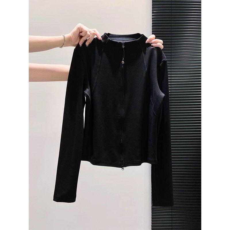 Spring Autumn Stand Collar Casual Fashion Zipper Coat Women Long Sleeve Cardigan Top Bottomed Tee T-shirt