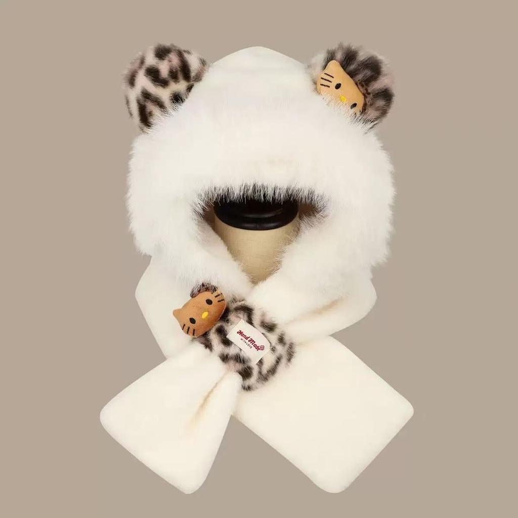 Plush leopard print bear ears hat scarf integrated women's autumn and winter warm hooded scarf hat three-piece set