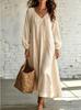 Summer new lace V-neck cotton and linen dress for women, loose long-sleeved vacation style solid color medium and long skirt