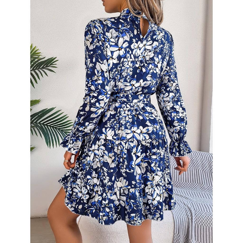 GMXIA Autumn and Winter Elegant Stand-up Collar, Flower-cinched Waist, Long-sleeved Ruffled A-line Dress Women's Clothing
