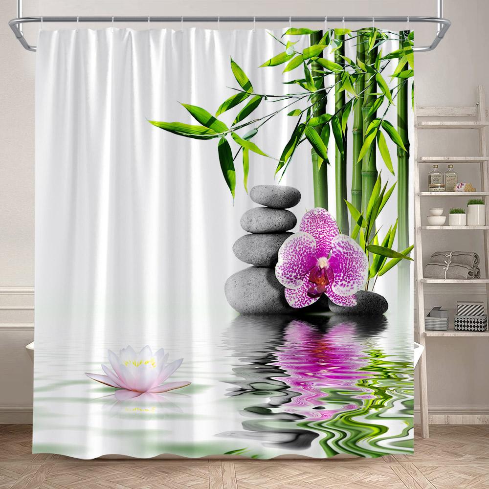 Rideaux de douche Zen Bambou Vert Orchidée Pourpre Lotus Papillon Paysage Spa Accrochage Mural Domestique Tissu Rideau de Salle de Bain Décoratif