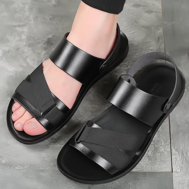 Black Leather Mens Leather Sandals Open Toe Fashion Luxury